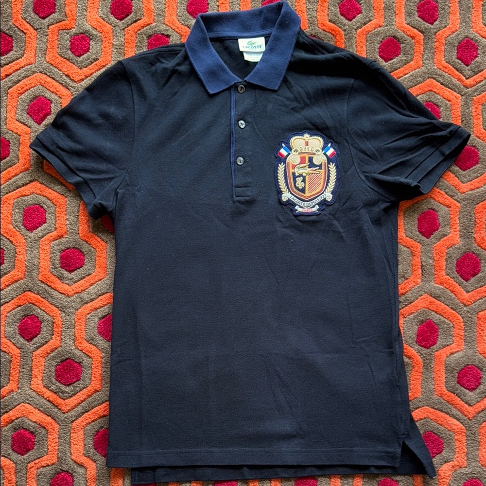 Lacoste Navy Polo Shirt with Embroidered Crest France Paris Depuis 1927 Men's S